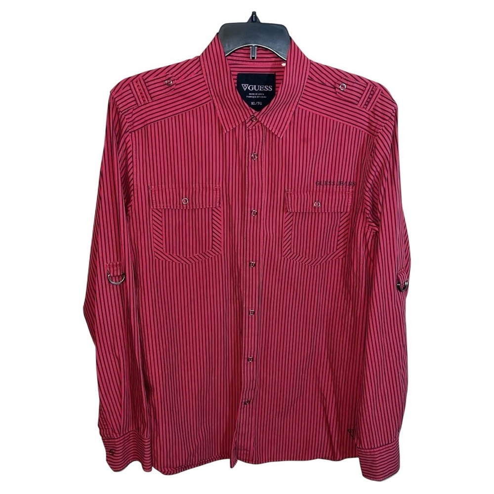 Guess Shirt Men’s Size XL Red Black Stripes Snap Button Front Long Sleeve Casual